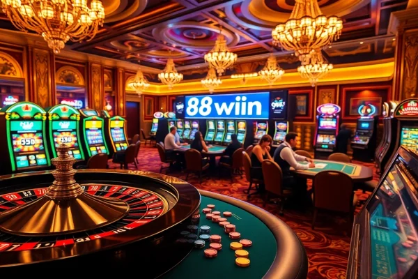 Exciting casino scene featuring players enjoying 98win games like poker and roulette with vibrant lighting.