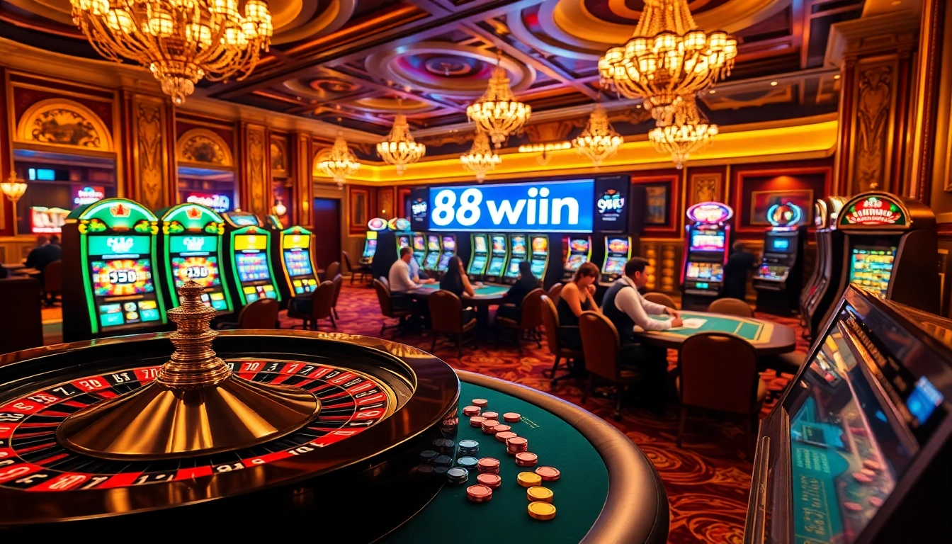 Exciting casino scene featuring players enjoying 98win games like poker and roulette with vibrant lighting.