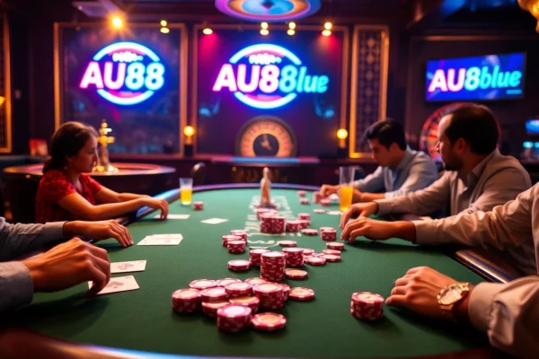 Experience an exciting poker game at AU88.blue, featuring vibrant chips, cards, and a lively casino atmosphere.