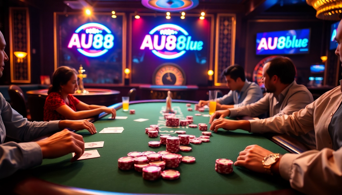 Experience an exciting poker game at AU88.blue, featuring vibrant chips, cards, and a lively casino atmosphere.