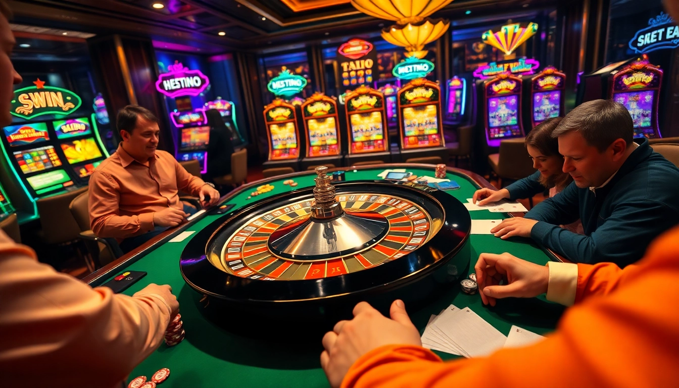 Experience the thrill of gambling at hm88.blue with players engaging at a roulette table surrounded by lively casino activities.